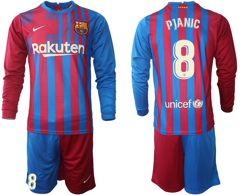 Men 2021-2022 Club Barcelona home red blue Long Sleeve #8 Nike Soccer Jersey